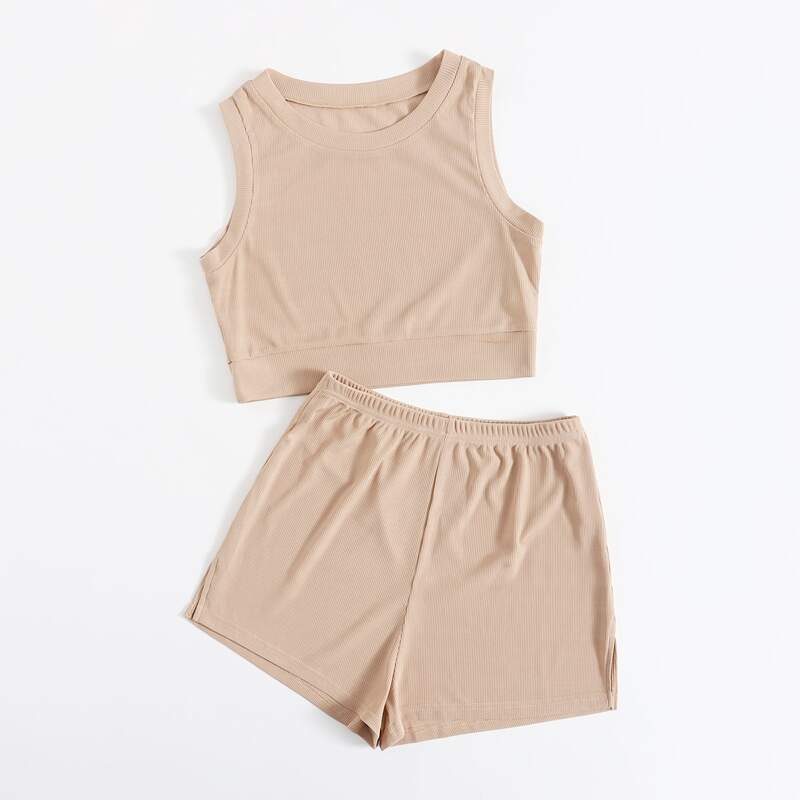 

Solid Ribbed Tank Top & Shorts, Apricot