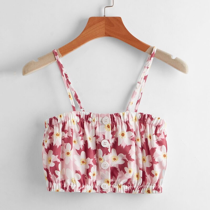 

Floral Print Button Front Crop Cami, Multicolor