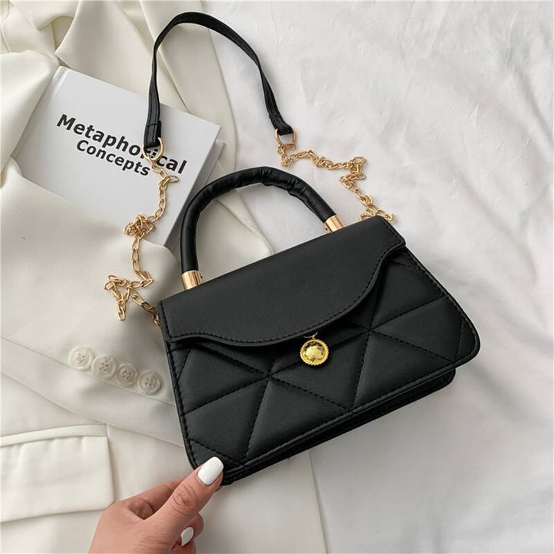 

Quilted Chain Satchel Bag, Black