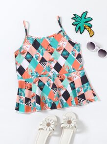 Niñas Top de tirantes de cuadros & con estampado de flamenco bajo con fruncido - Multicolor - Ver 1