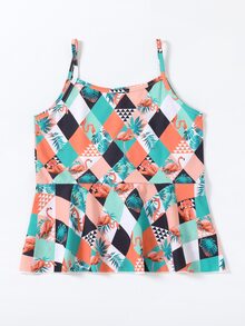 Niñas Top de tirantes de cuadros & con estampado de flamenco bajo con fruncido - Multicolor - Ver 2