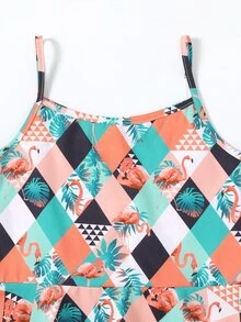 Niñas Top de tirantes de cuadros & con estampado de flamenco bajo con fruncido - Multicolor - Ver 3