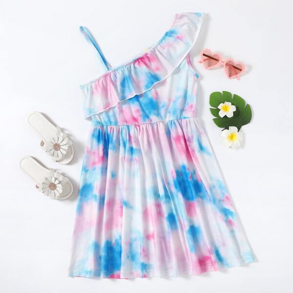 

Girls Tie Dye Asymmetrical Neck Dress, Multicolor