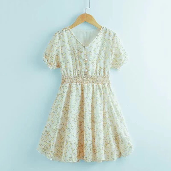 

Girls Ditsy Floral Print V-neck Shirred Waist Dress, Apricot