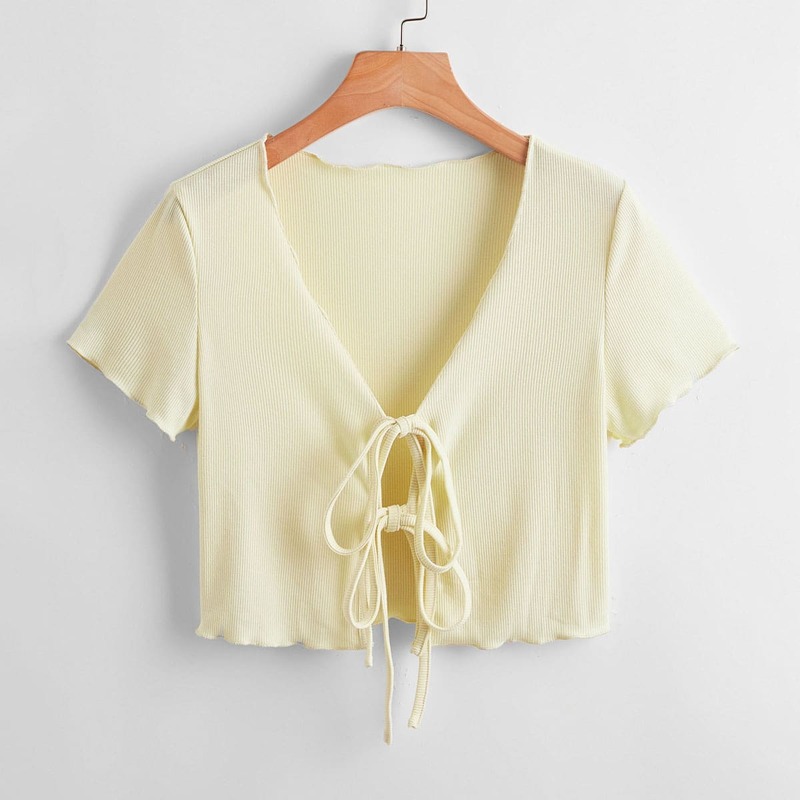 

Solid Tie Front Ribbed Top, Beige