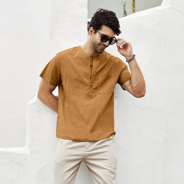 

Men Pocket Front Half Placket Shirt, Mustard yellow