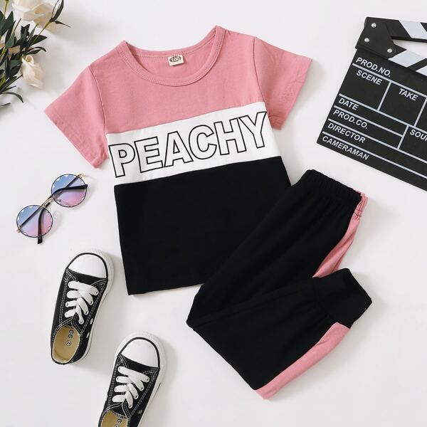 

Toddler Girls Letter Graphic Tee With Contrast Sideseam Joggers, Multicolor