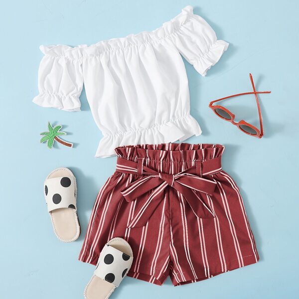 

Toddler Girls Off-shoulder Ruffle Hem Top & Stripe Belted Shorts, Red and white