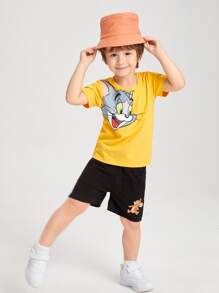 TOM & JERRY X SHEIN Young Boy Cartoon Graphic Tee With Track Shorts - Multicolor - View 1