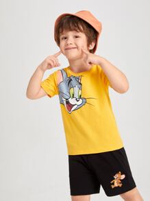 TOM & JERRY X SHEIN Young Boy Cartoon Graphic Tee With Track Shorts - Multicolor - View 3