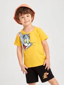 TOM & JERRY X SHEIN Young Boy Cartoon Graphic Tee With Track Shorts - Multicolor - View 4