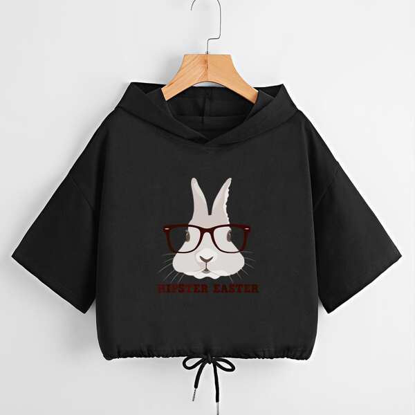

Rabbit And Letter Graphic Drawstring Hem Hoodie, Black