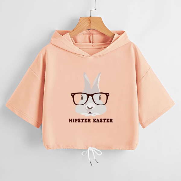 

Rabbit And Letter Graphic Drawstring Hem Hoodie, Coral orange