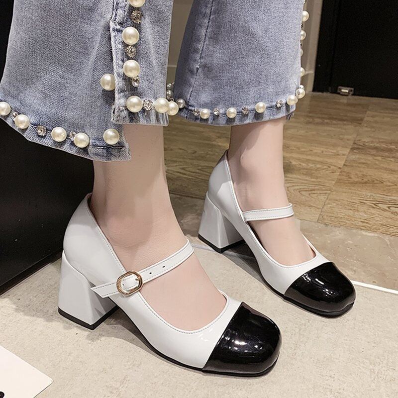 

Colorblock Mary Jane Pumps, Black and white