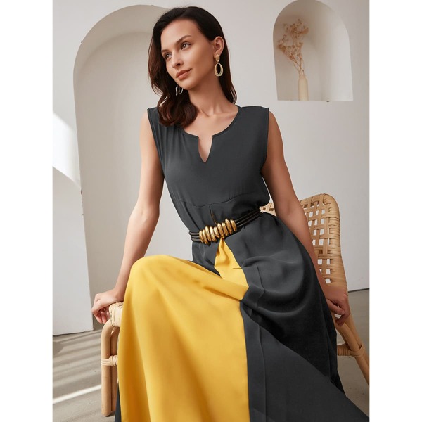 

Colorblock High Waist Dress Without Belt, Grey
