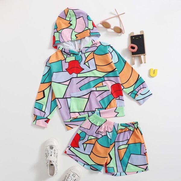 

Toddler Girls Geo Print Hoodie With Shorts, Multicolor