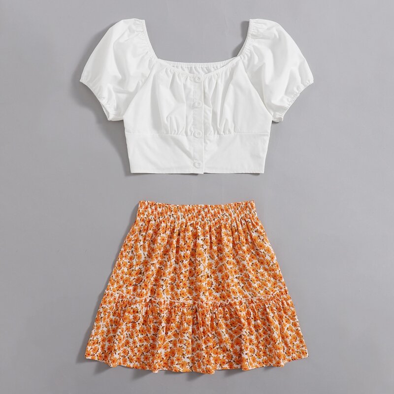 

Solid Button Front Top & Ditsy Floral Skirt, Multicolor