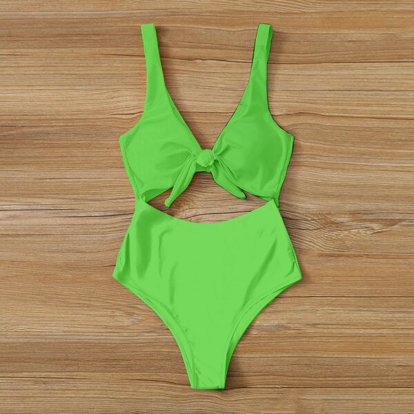 

Knot Front Cut-out One Piece Swimsuit, Lime green