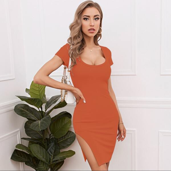 

Rib-Knit Split Hem Bodycon Dress, Burnt orange
