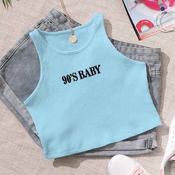 

Letter Graphic Rib-knit Tank Top, Baby blue