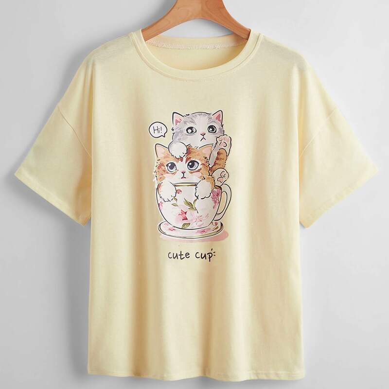 

Letter Cartoon Cat Graphic Tee, Beige