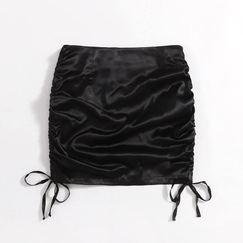

Solid Satin Drawstring Ruched Skirt, Black