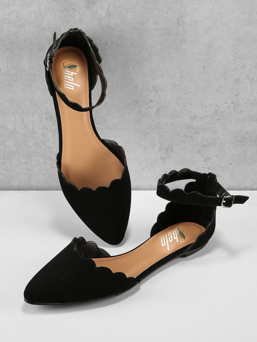 尖頭貝殼飾邊平底鞋 - 黑色 - 查看 1