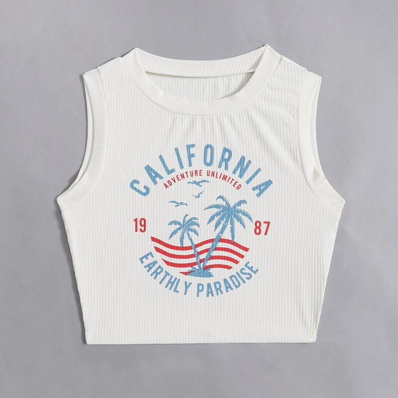 

Letter Coconut Tree Graphic Ribbed Tank Top, White