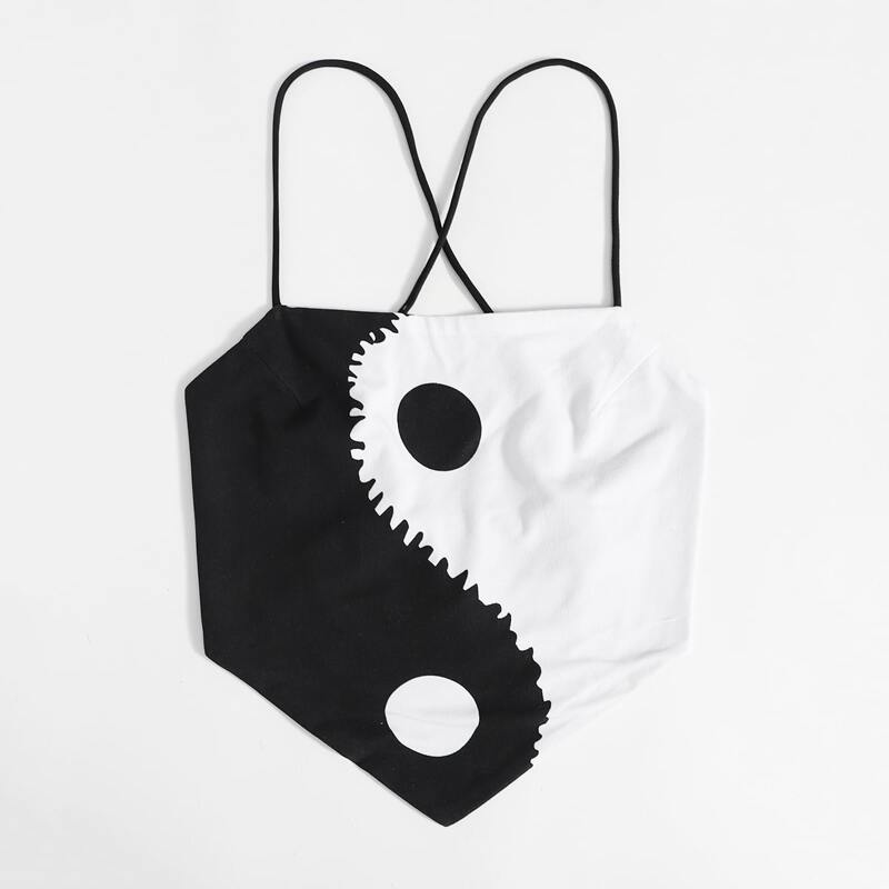 

Yin And Yang Graphic Lace Up Bandana Cami, Black and white