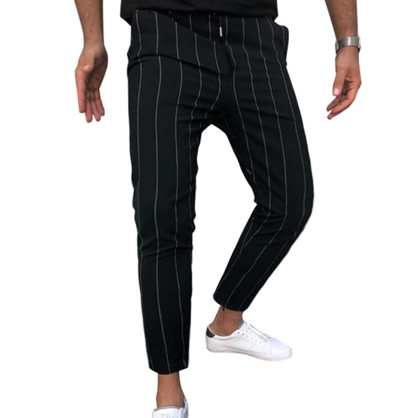

Men Striped Drawstring Waist Pants, Black