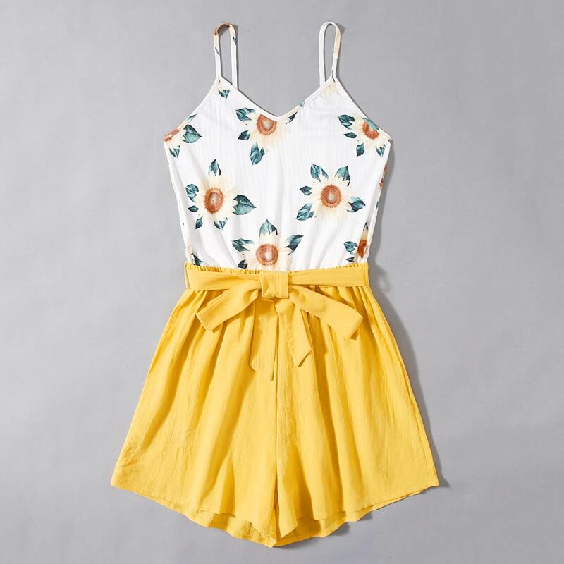 

Sunflower Print Belted Cami Romper, Multicolor