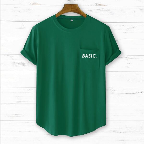 

Men Letter Graphic Pocket Patched Tee, Dark green