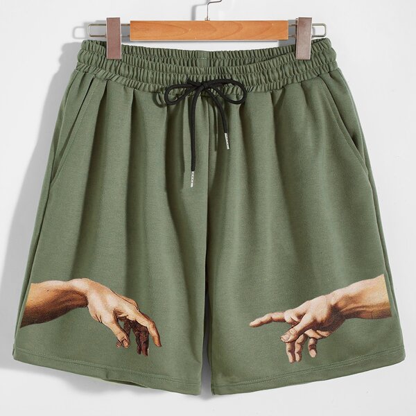 

Men Hands Print Drawstring Shorts, Army green