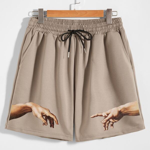 

Men Hands Print Drawstring Shorts, Mocha brown