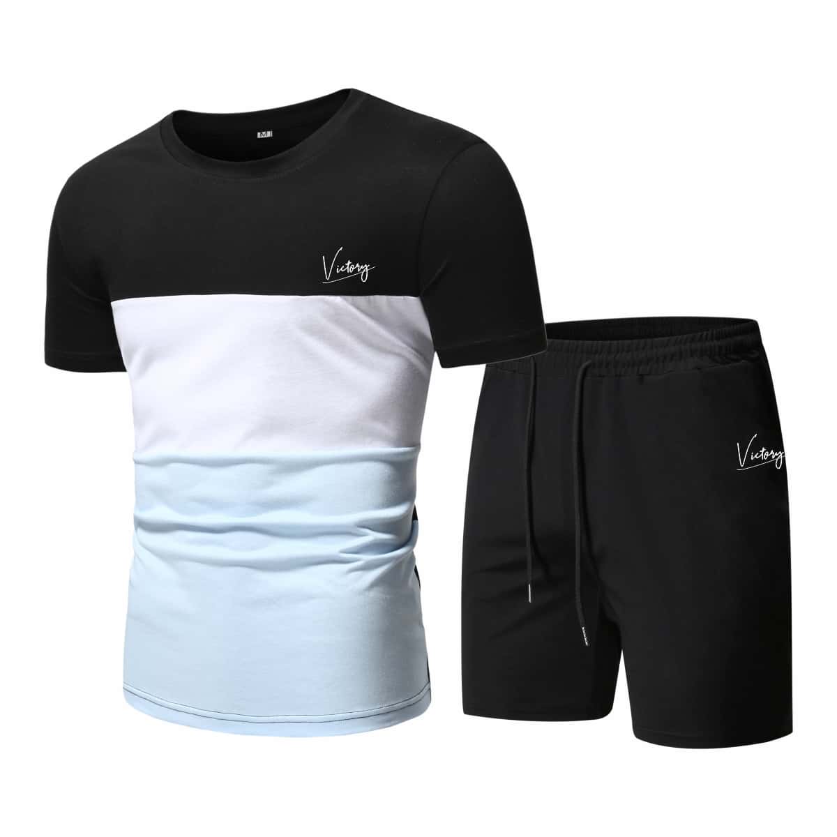 

Guys Color-block Letter Graphic Tee & Drawstring Track Shorts, Multicolor