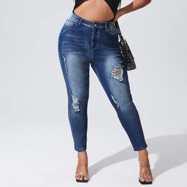 

Plus High Waist Ripped Raw Hem Skinny Jeans, Medium wash