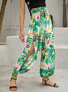 SHEIN Unity Paperbag Waist Split Side Tropical Print Trousers - Multicolor - View 1