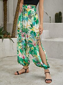 SHEIN Unity Paperbag Waist Split Side Tropical Print Trousers - Multicolor - View 3