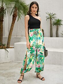 SHEIN Unity Paperbag Waist Split Side Tropical Print Trousers - Multicolor - View 4