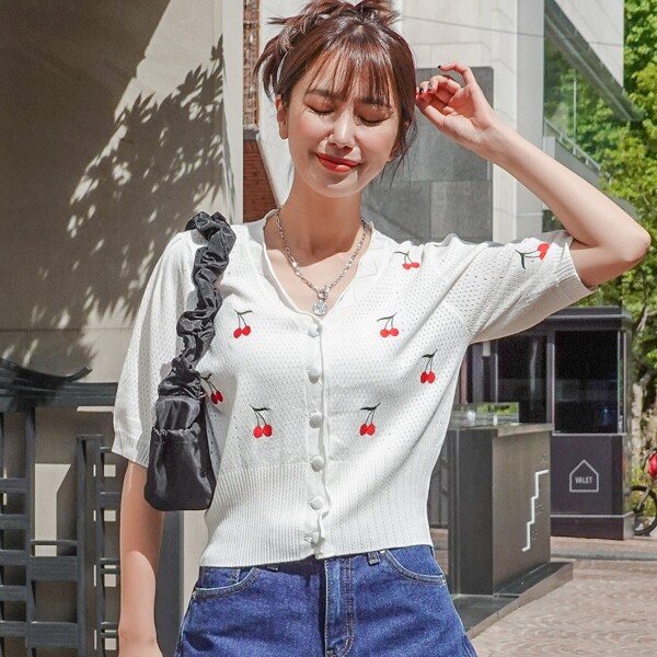 

Cherry Embroidery Button Front Crop Cardigan, White