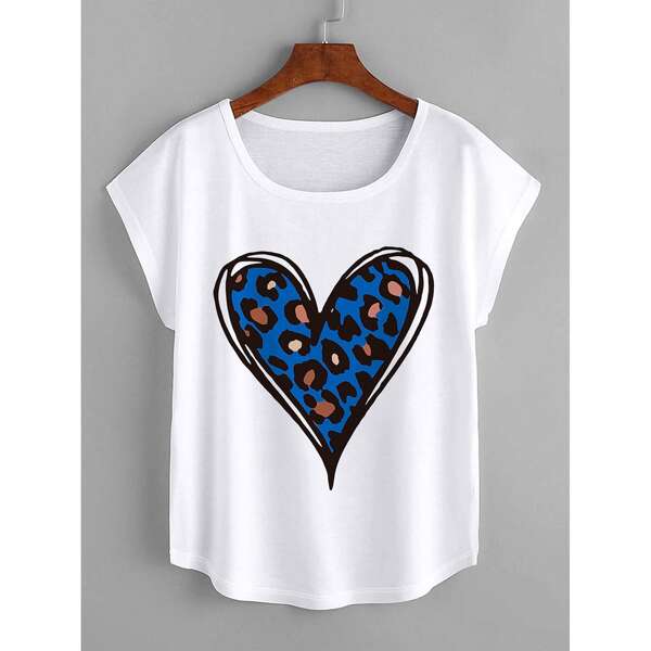 

Plus Heart Print Batwing Sleeve Tee, White