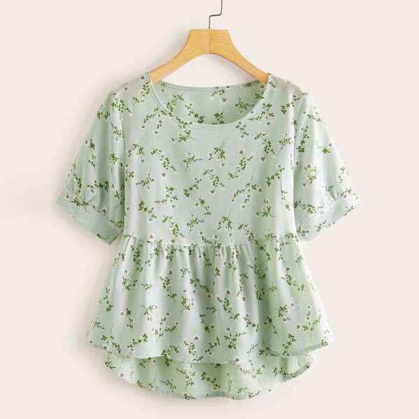 

Plus Ditsy Floral Ruffle Hem Babydoll Blouse, Mint green