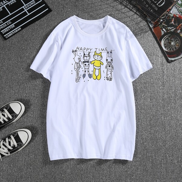 

Men Cartoon & Letter Graphic Tee, White