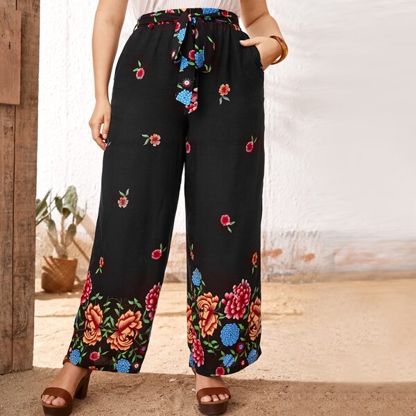

Plus Belted Floral Print Wide Leg Pants, Black