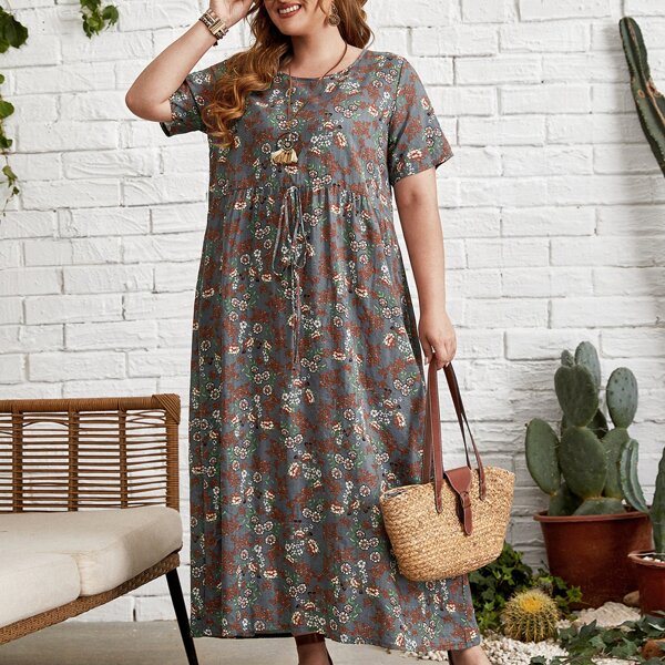 

Plus Floral Print Knot Front Dress, Multicolor