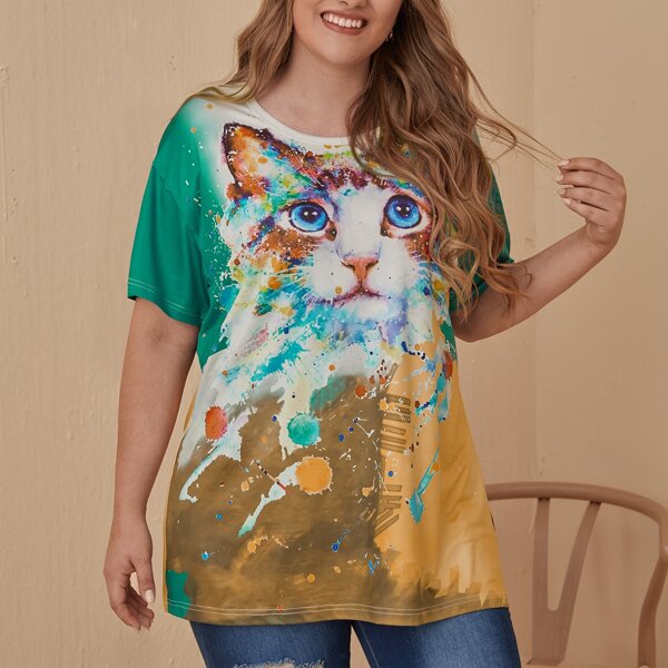 

Plus Cat Print Drop Shoulder Tee, Multicolor