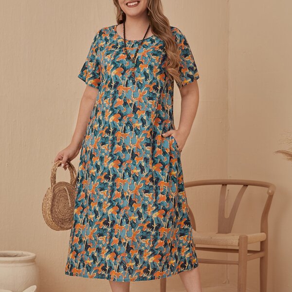 

Plus Allover Floral Print Tunic Dress, Multicolor