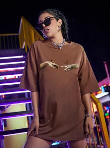 SHEIN Unity Hand And Butterfly Print Drop Shoulder Oversized Tee - Brown - View 3