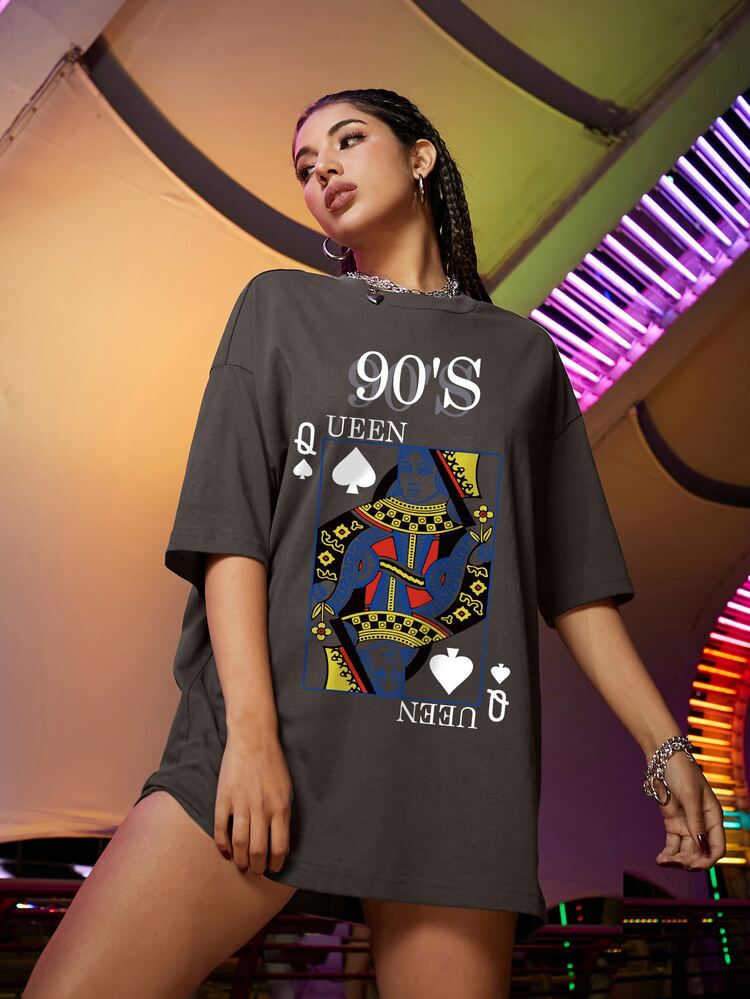 SHEIN Unity Playing Card Print Drop Shoulder Tee - Dark Grey - View 4