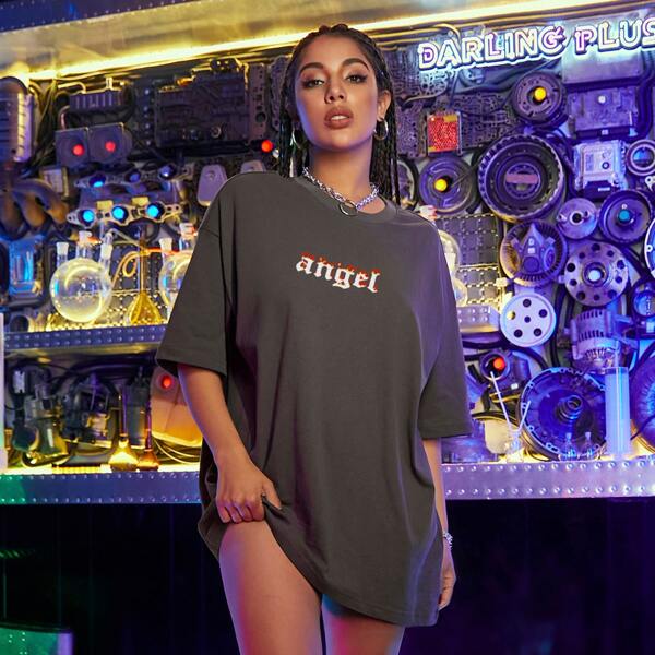 

Drop Shoulder Letter Graphic Oversized Tee, Dark grey